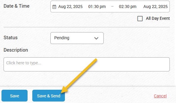 When creating an appointment, how do I send the confirmation email and attachments to my patient - it shows the bottom half of the create event panel from the calendar with an arrow pointing towards the "Save and Send" button.